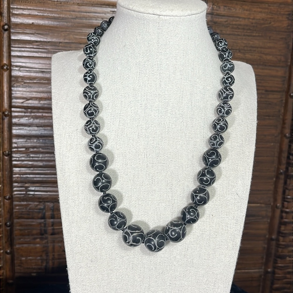 Artisan Stone Necklace with an Etched Pattern on Black Agate Natural Stone Beads